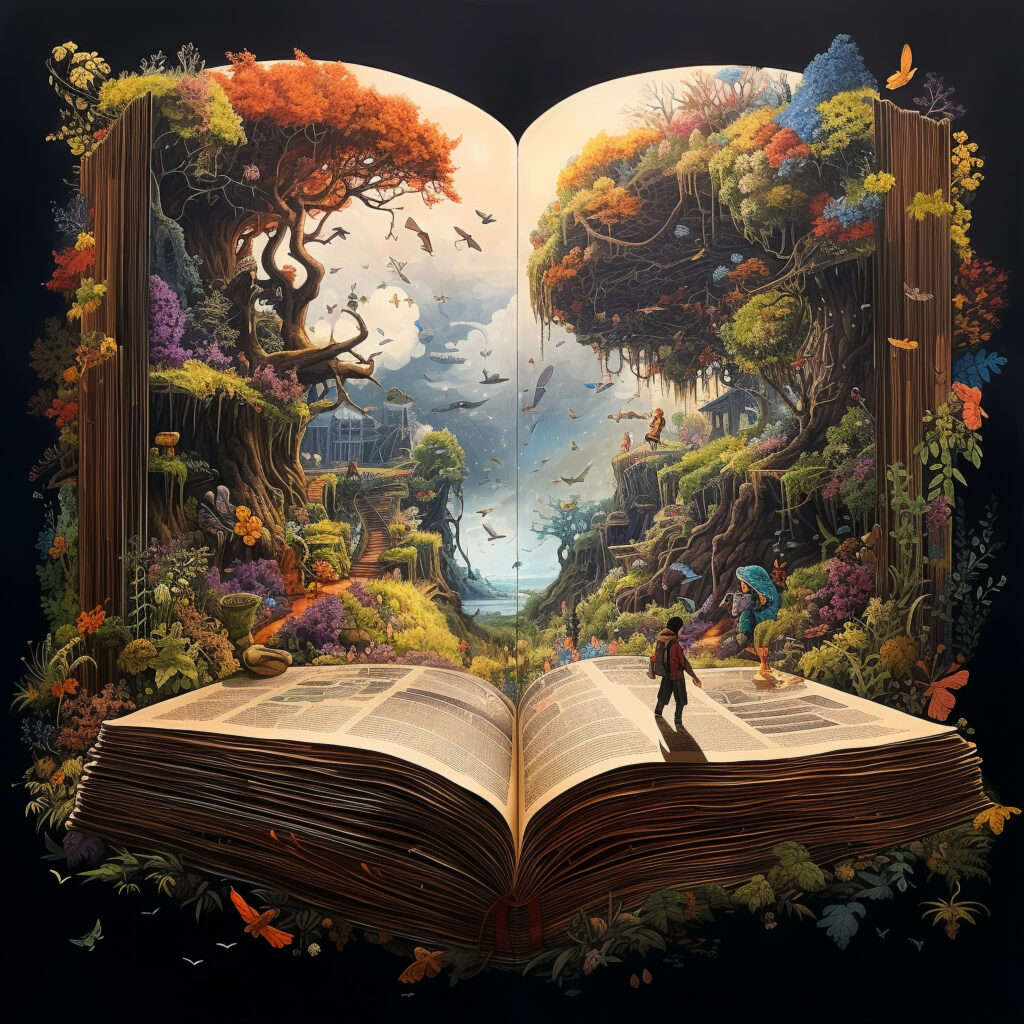 Ilustração em estilo desenho animado de um livro gigante aberto
